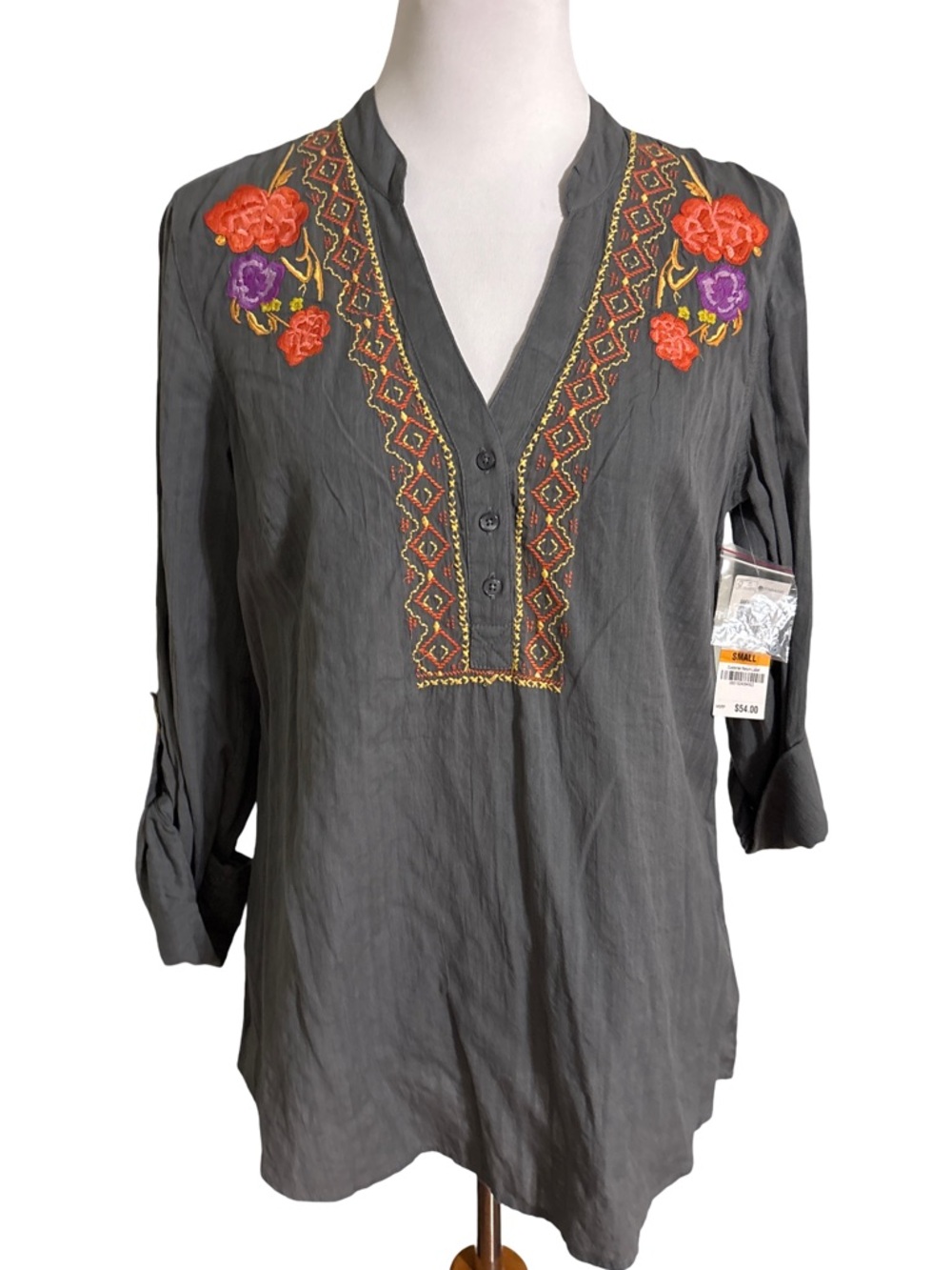Style & Co Gray Tunic Top Orange and Purple Embroidery